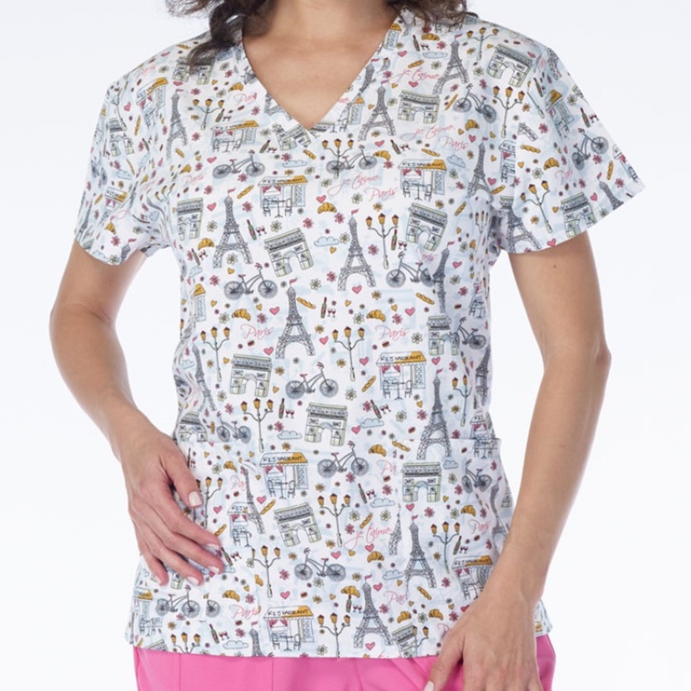 NWT Women’s Large Mon Amie Paris Print Scrubfinity Basix Scrub Top